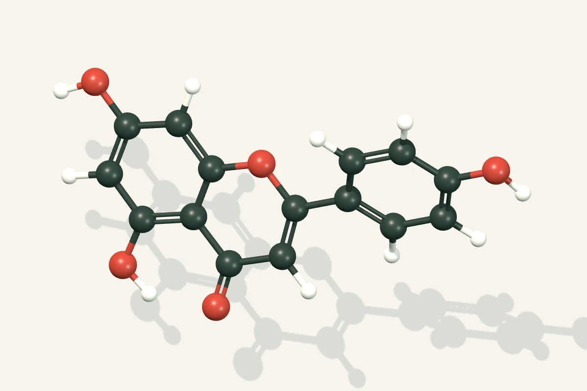 Ball-and-stick rendering of the PubChem computed 3D conformer of apigenin; representative compound, not a NUSAPACT batch assay
