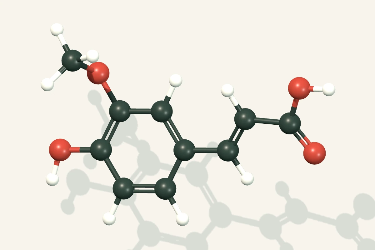 Ball-and-stick rendering of the PubChem computed 3D conformer of ferulic acid; representative compound, not a NUSAPACT batch assay