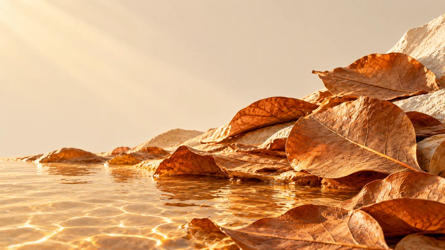 Copper catappa leaves beside shallow amber water